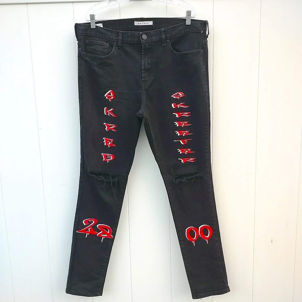 Men's Pacsun Black Stacked Skinny Distressed Skater Graffiti Letter Jeans 36/32